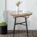Boho-tyylinen rottinkinen sivupöytä lasikannella, Ø50 cm, beige