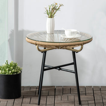 Boho-tyylinen rottinkinen sivupöytä lasikannella, Ø50 cm, beige