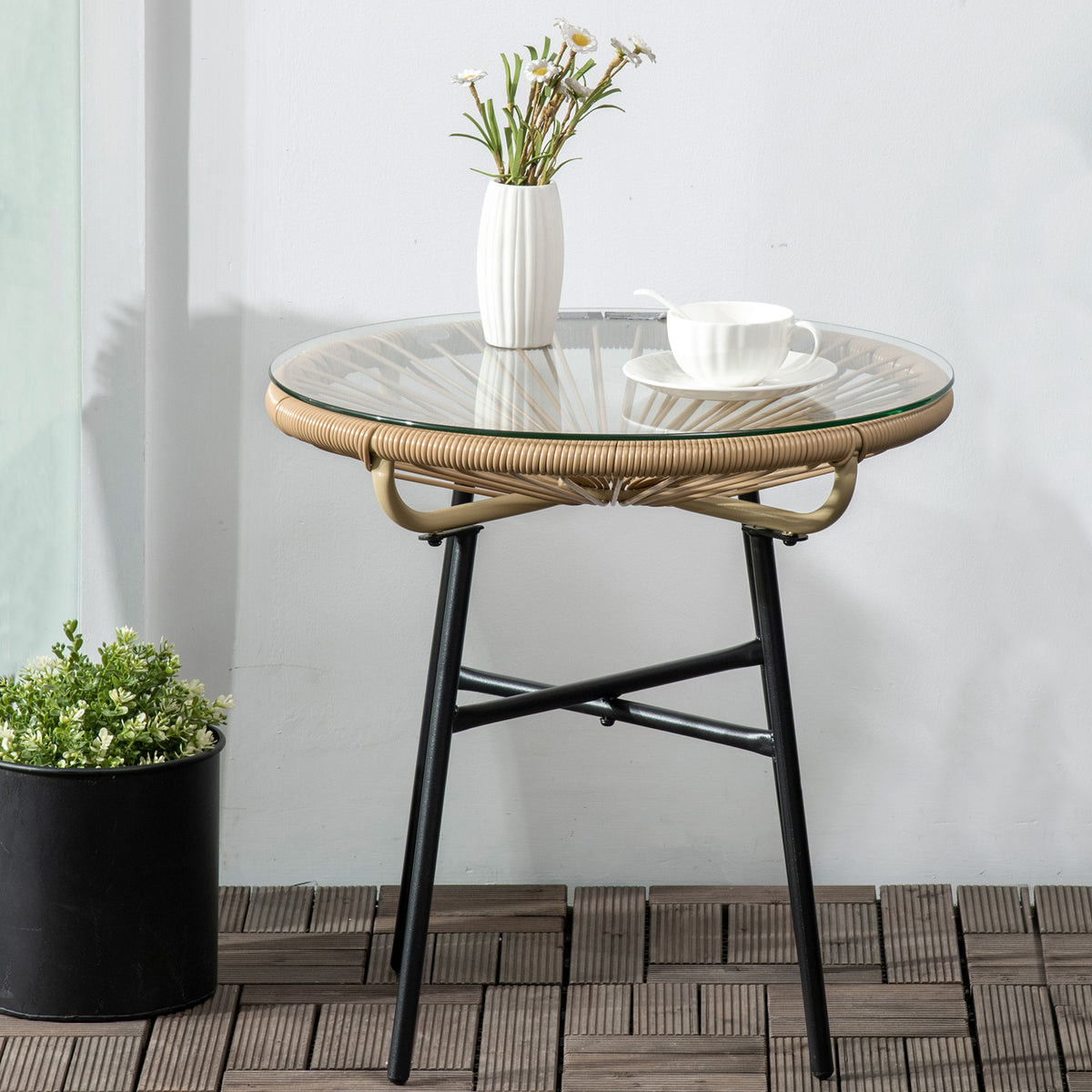 Boho-tyylinen rottinkinen sivupöytä lasikannella, Ø50 cm, beige
