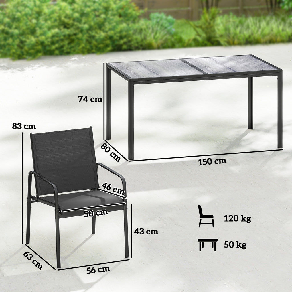 Ruokailuryhmä kuudelle verkkotuoleilla, 150 x 80 cm pöytä, musta
