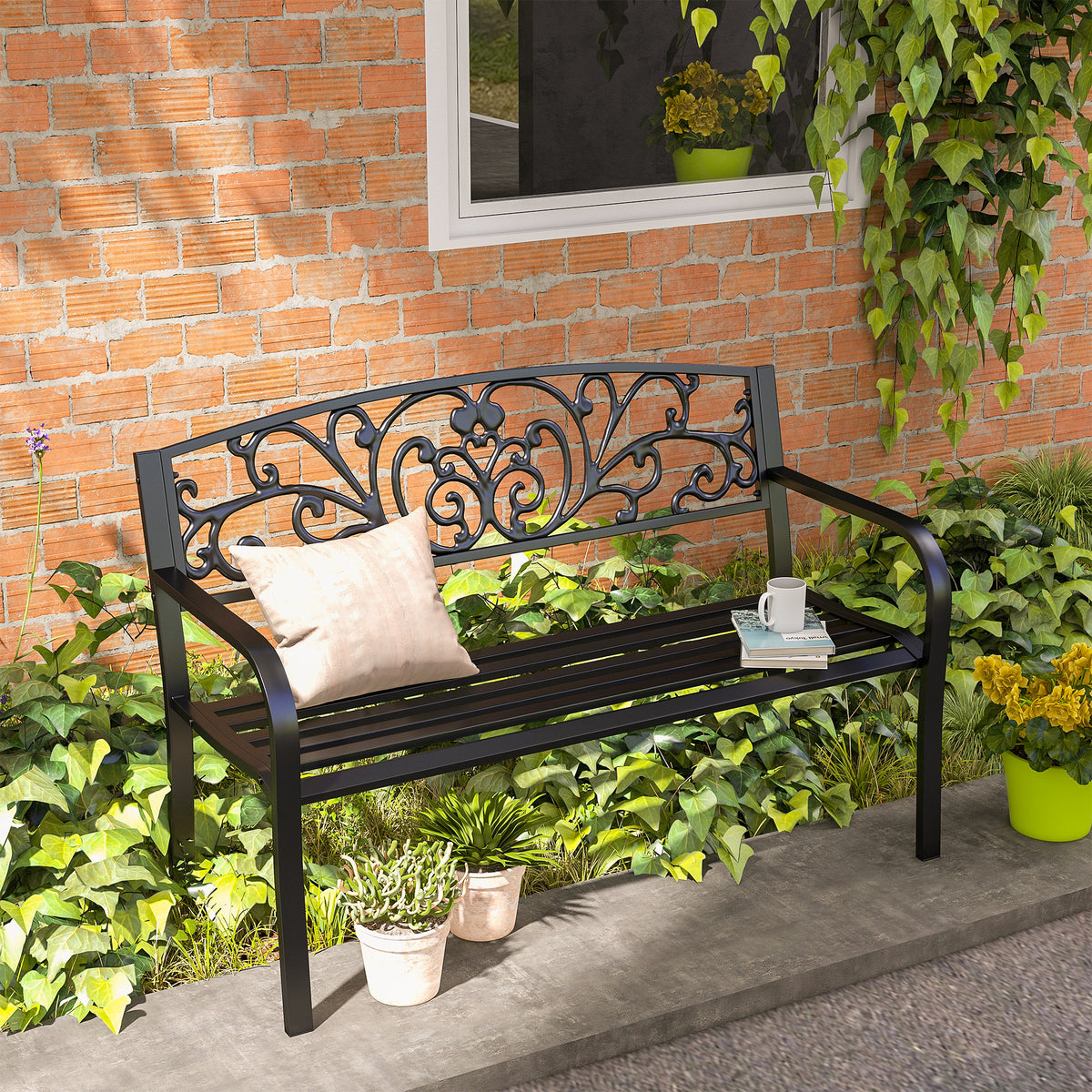 Metallinen puutarhapenkki kukkakuvioinnilla, 2-istuttava, 127 cm, musta