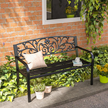 Metallinen puutarhapenkki kukkakuvioinnilla, 2-istuttava, 127 cm, musta