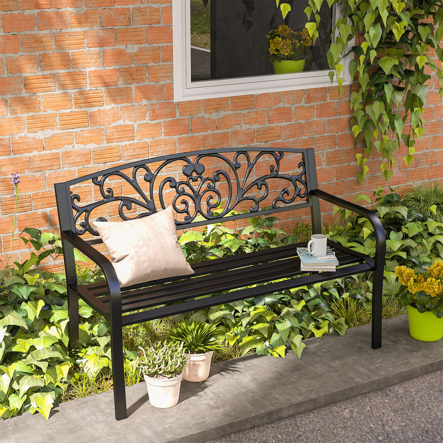 Metallinen puutarhapenkki kukkakuvioinnilla, 2-istuttava, 127 cm, musta