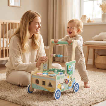 Kävelyvaunu puusta palikoilla ja säilytystilalla, Montessori-leikkikeskus, 1–3 v, vihreä