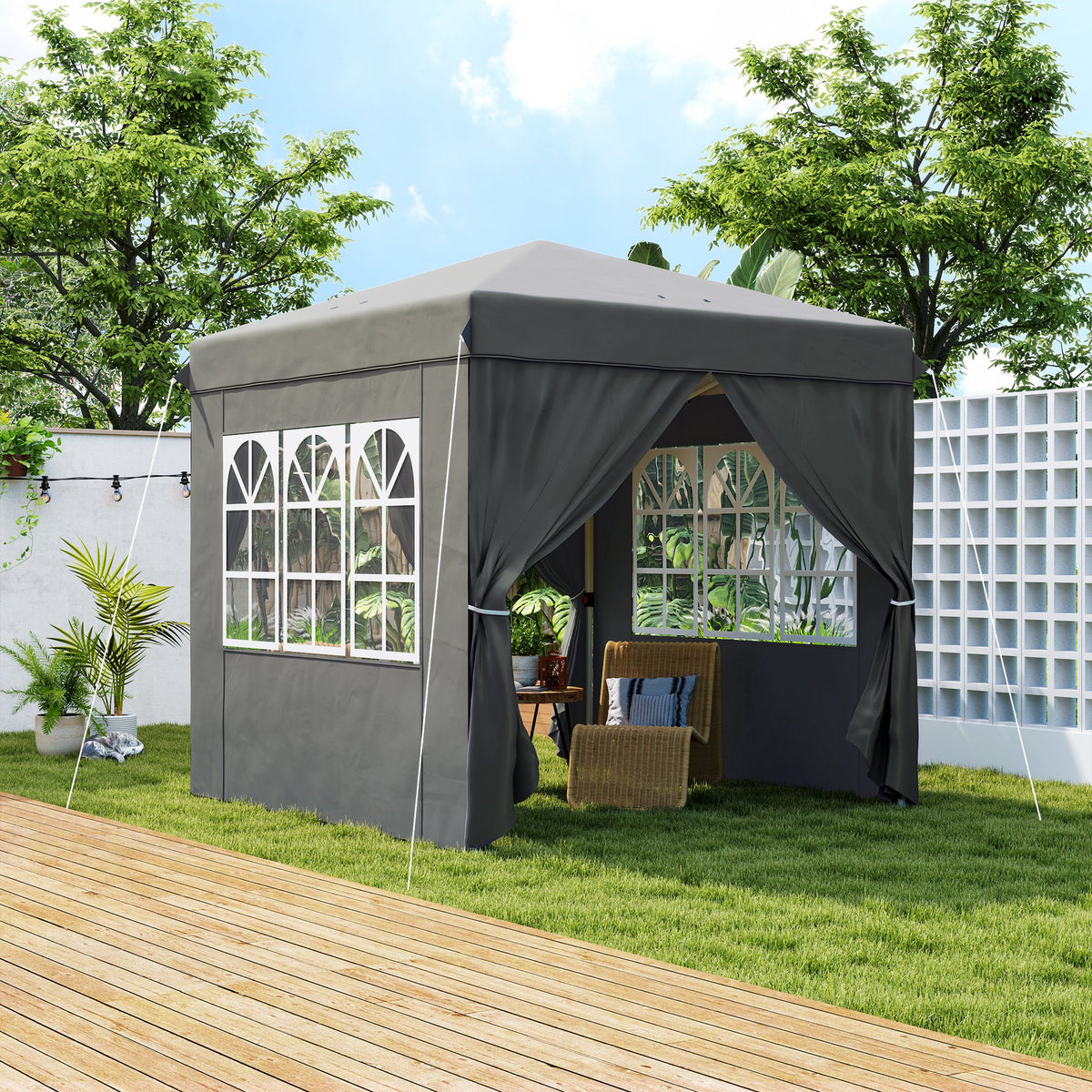 Pop-up-paviljonki 2,5 x 2,5 m sivuseinillä ja pyörällisellä laukulla, UPF50+, tummanharmaa