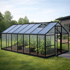 Växthus 10 m² – hybrid, sockel, rännor, 2 öppningsbara fönster
