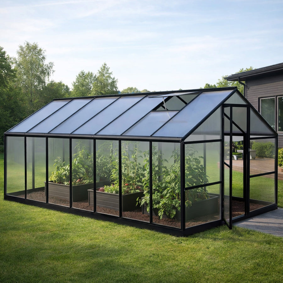 Växthus 10 m² – hybrid, sockel, rännor, 2 öppningsbara fönster