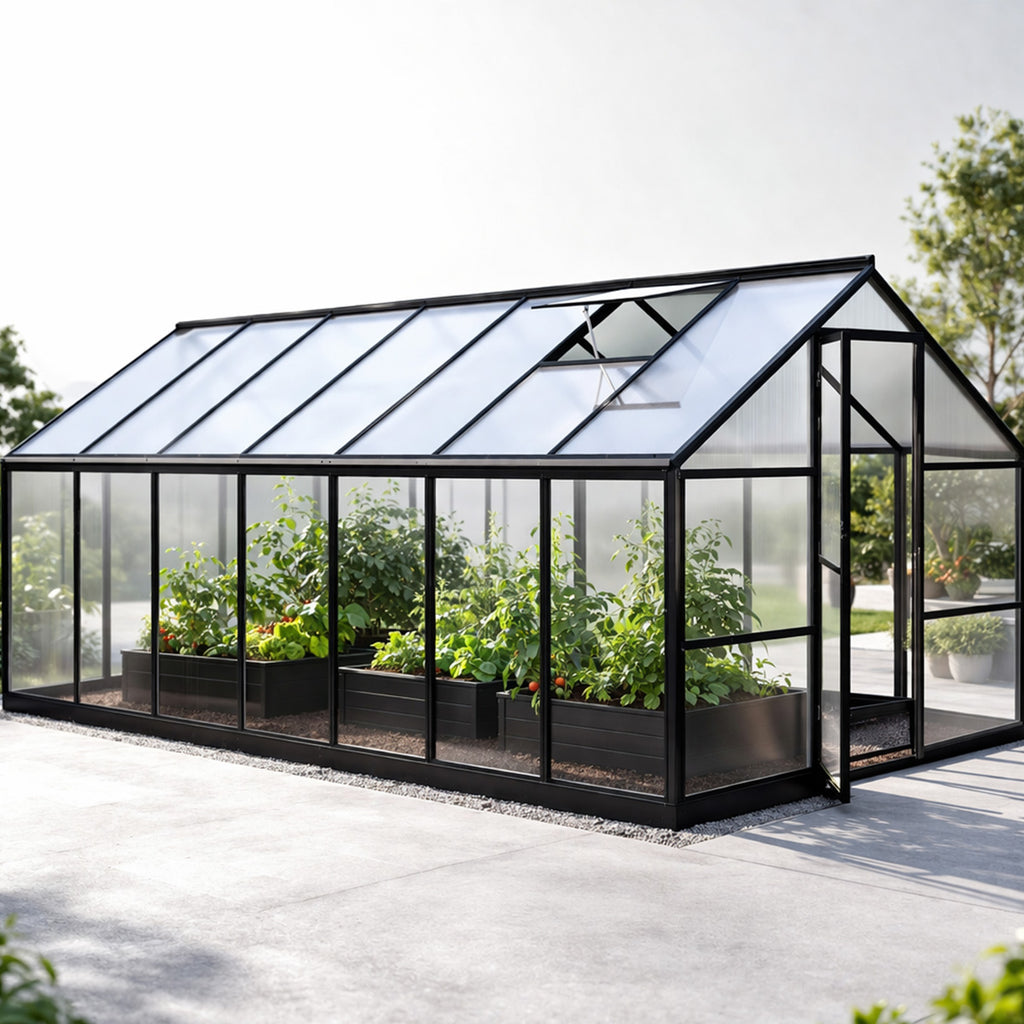 Växthus 10 m² – hybrid, sockel, rännor, 2 öppningsbara fönster