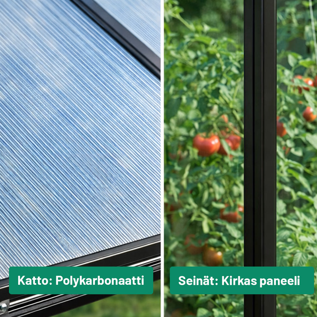 Hybridikasvihuone 5,4 m² – 302 x 190 x 195 cm, polykarbonaattikatto, musta