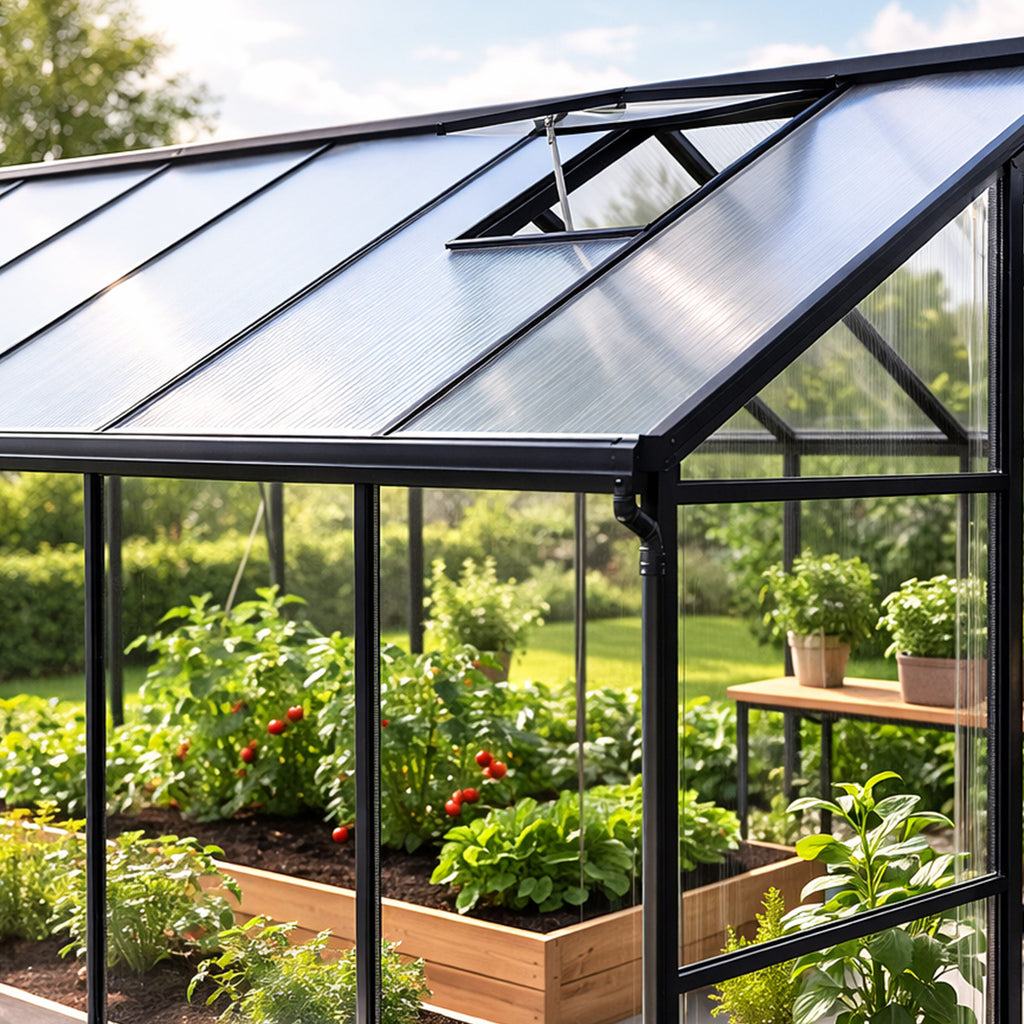 Växthus 10 m² – hybrid, sockel, rännor, 2 öppningsbara fönster
