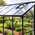 Växthus 10 m² – hybrid, sockel, rännor, 2 öppningsbara fönster