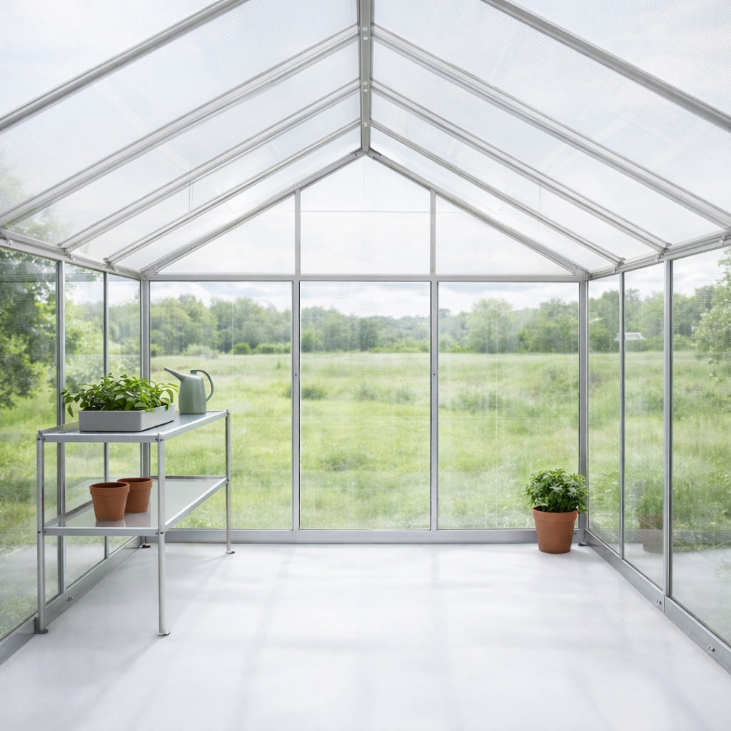 Lund & Leaf Hybridväxthus 5,4 m², robust ram, genomskinliga väggpaneler, sockel, grå