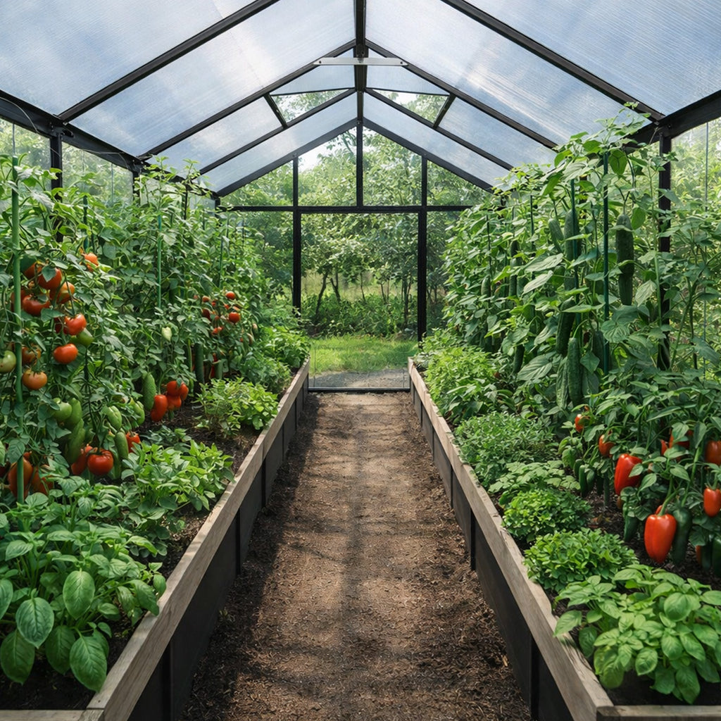 Växthus 10 m² – hybrid, sockel, rännor, 2 öppningsbara fönster