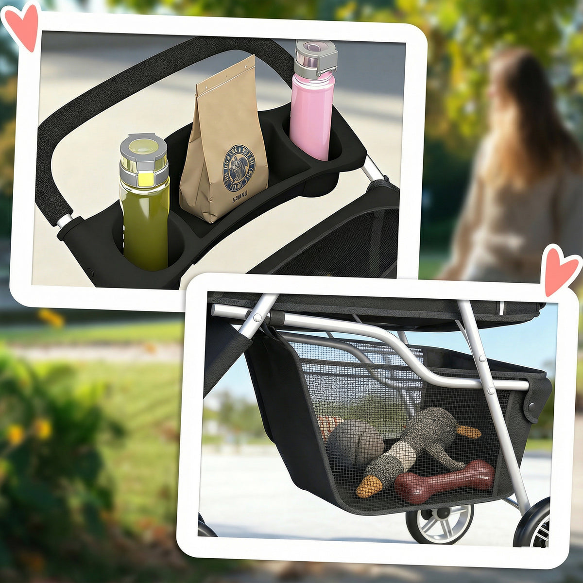 Koiran rattaat kokoontaitettavat, säilytyskori, tyyny ja mukiteline, pienille koirille 10 kg asti, musta