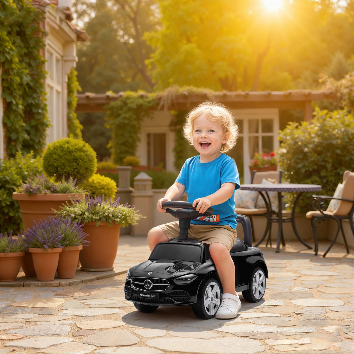 Lasten potkuauto työntötangolla Mercedes-Benz C-sarja, 2-in-1, turvakaide, 12–36 kk, musta