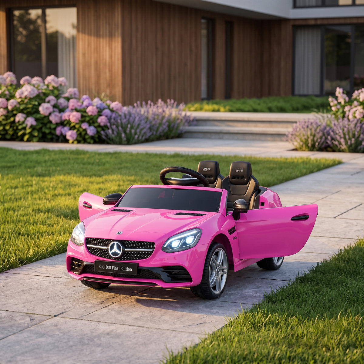 Lasten sähköauto Mercedes SLC 300, kaukosäädin, LED-valot ja musiikki, 3–6 v, pinkki