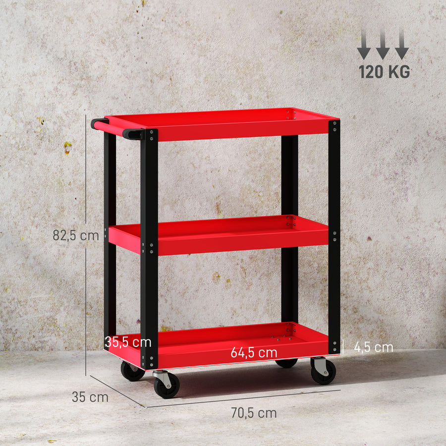 Työkaluvaunu 3 tasolla ja sivupidikkeellä, metalli, kantavuus 120 kg, 70,5 x 35 x 82,5 cm, punainen