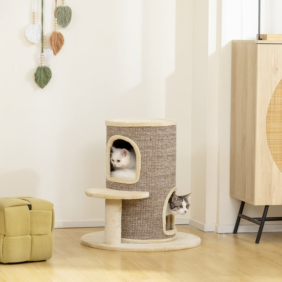 Kaksikerroksinen kissan raapimistynnyri hyppytasolla, 61 cm, beige/ruskea