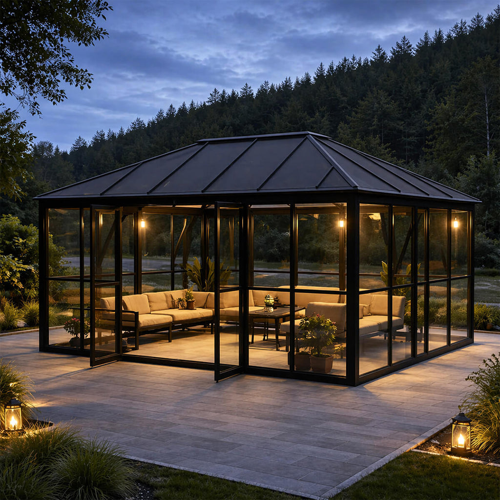 Glaspaviljong 288 x 426 cm – 12,28 m², 2 dörrar, 2 ventilationsfönster