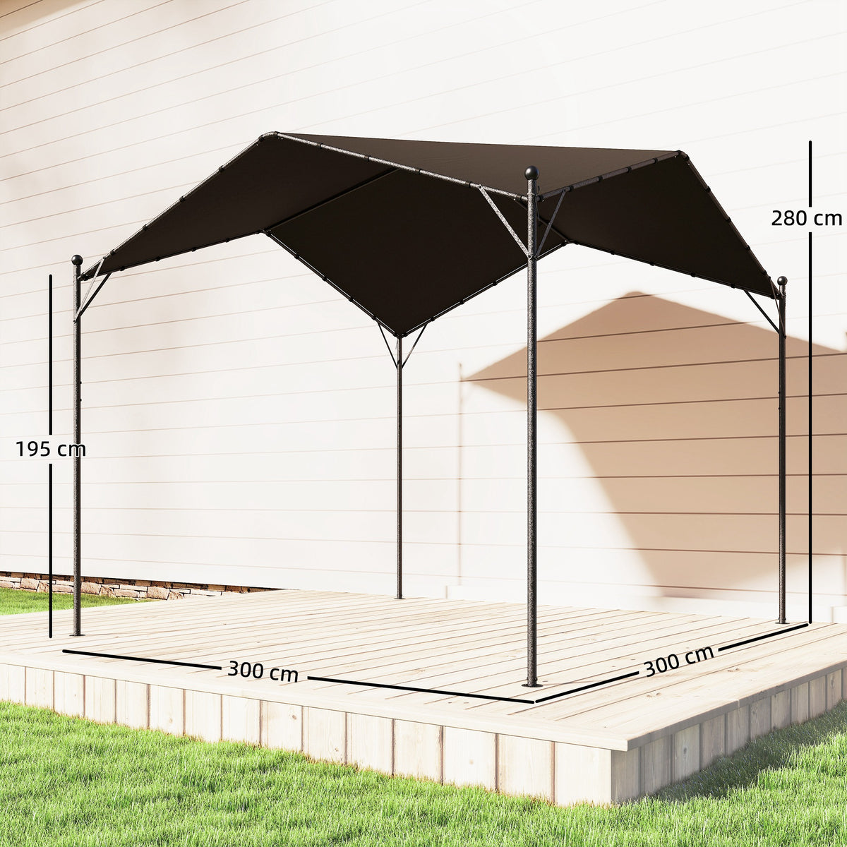 Pergola harjakatolla ja kolmiotuilla, 3 x 3 m, tummanharmaa