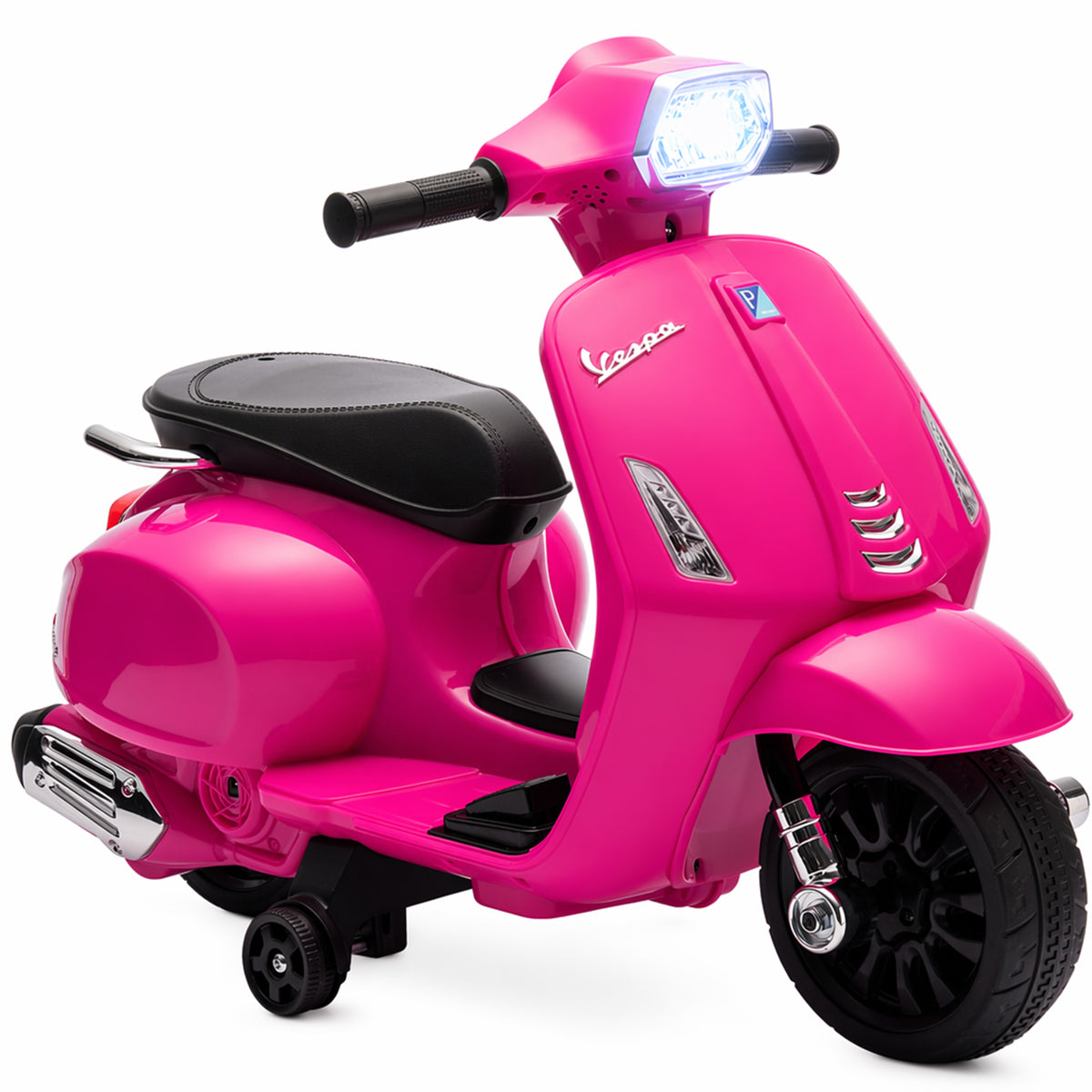 Lasten sähkömopo Vespa 6V tukipyörillä, ajovalo ja äänitorvi, 2,5 km/h, 2–4 v, pinkki