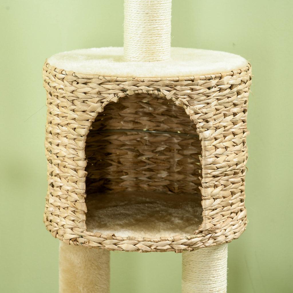 Kissan raapimispuu pesällä, pedillä ja raapimislaudalla, 116 cm, ruskea/beige