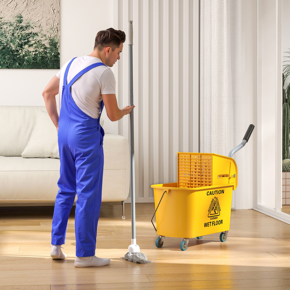 Moppiämpäri 20 l sivupuristimella, moppi ja harja-rikkalapio, säilytyskori, pyörät, keltainen