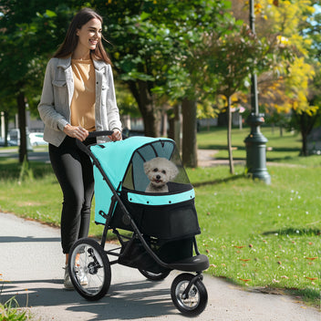 Koiran rattaat isoilla kumirenkailla, yhden klikkauksen taitto, säilytyskori, 10 kg asti, turkoosi