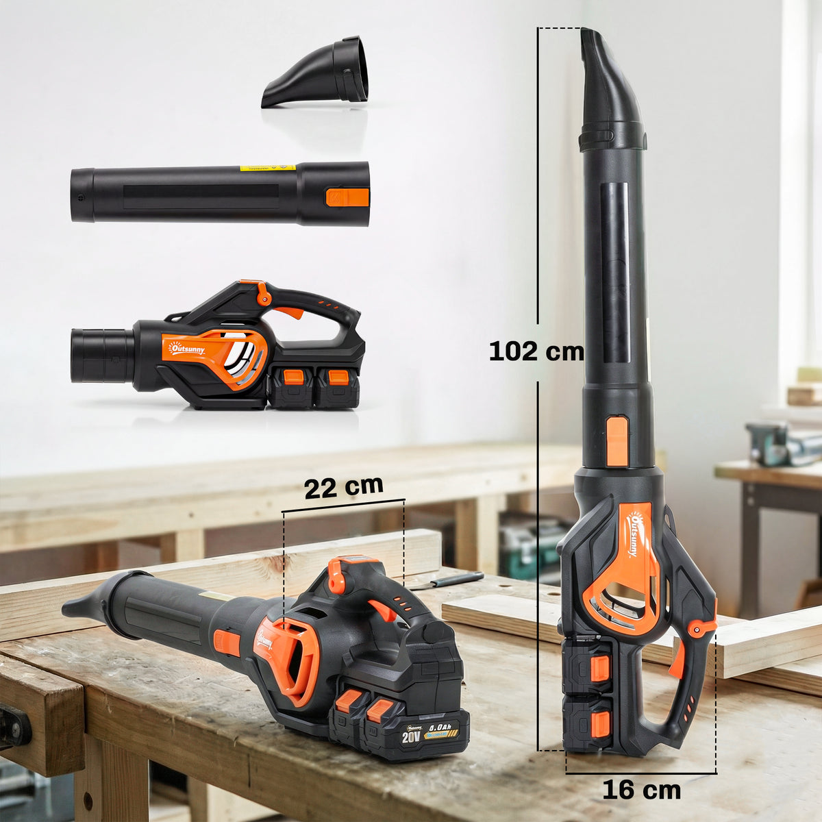 Akkukäyttöinen lehtipuhallin 20 V, 2 x 4 Ah akku ja laturi, oranssi/musta