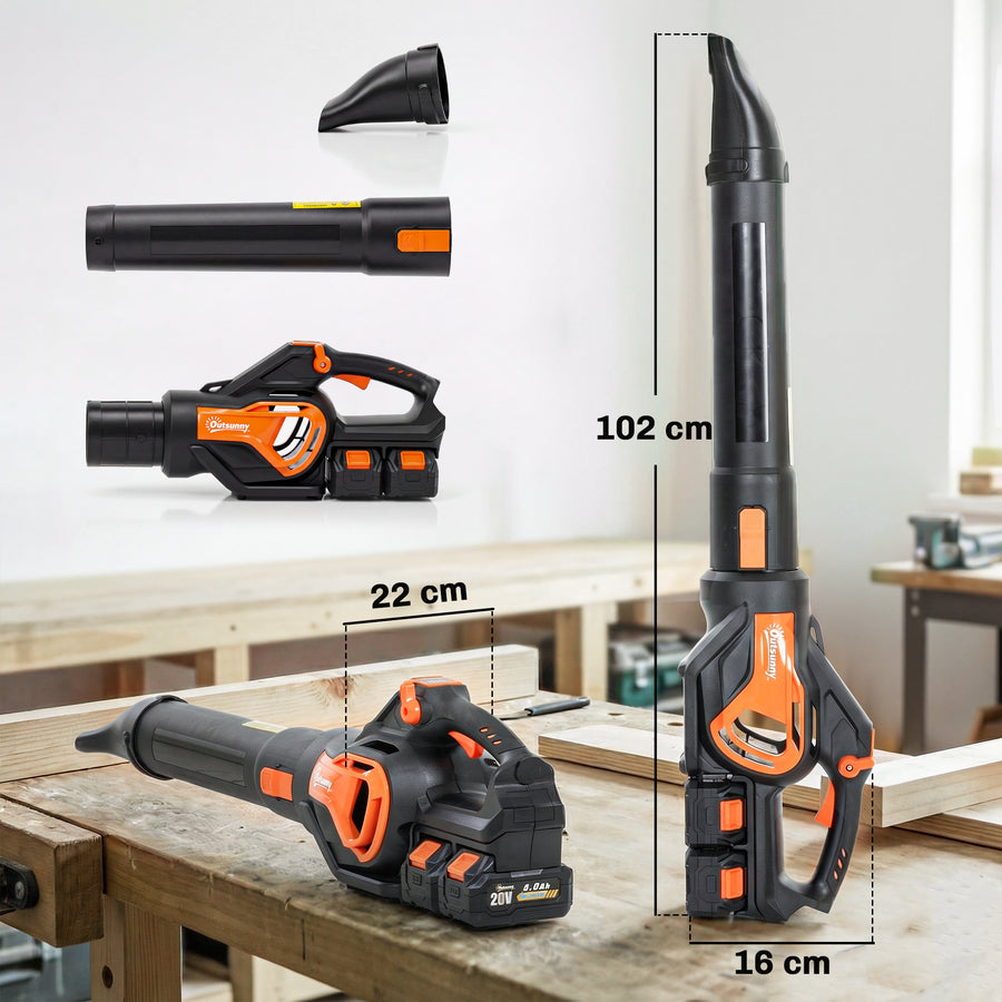 Akkukäyttöinen lehtipuhallin 20 V, 2 x 4 Ah akku ja laturi, oranssi/musta