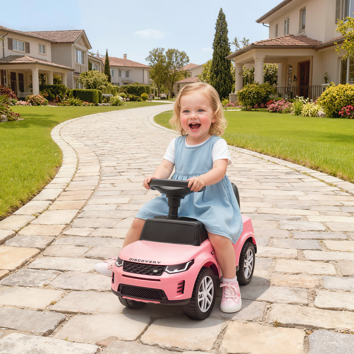 Lasten potkuauto Land Rover Discovery, äänitorvi ja moottoriäänet, säilytystila, 18–36 kk, pinkki