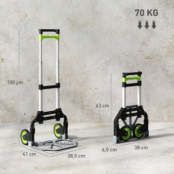 Kokoontaitettava alumiininen nokkakärry teleskooppikahvalla 63–100 cm, 70 kg, hopea/musta/vihreä