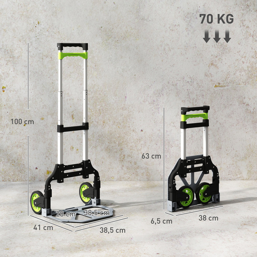 Kokoontaitettava alumiininen nokkakärry teleskooppikahvalla 63–100 cm, 70 kg, hopea/musta/vihreä