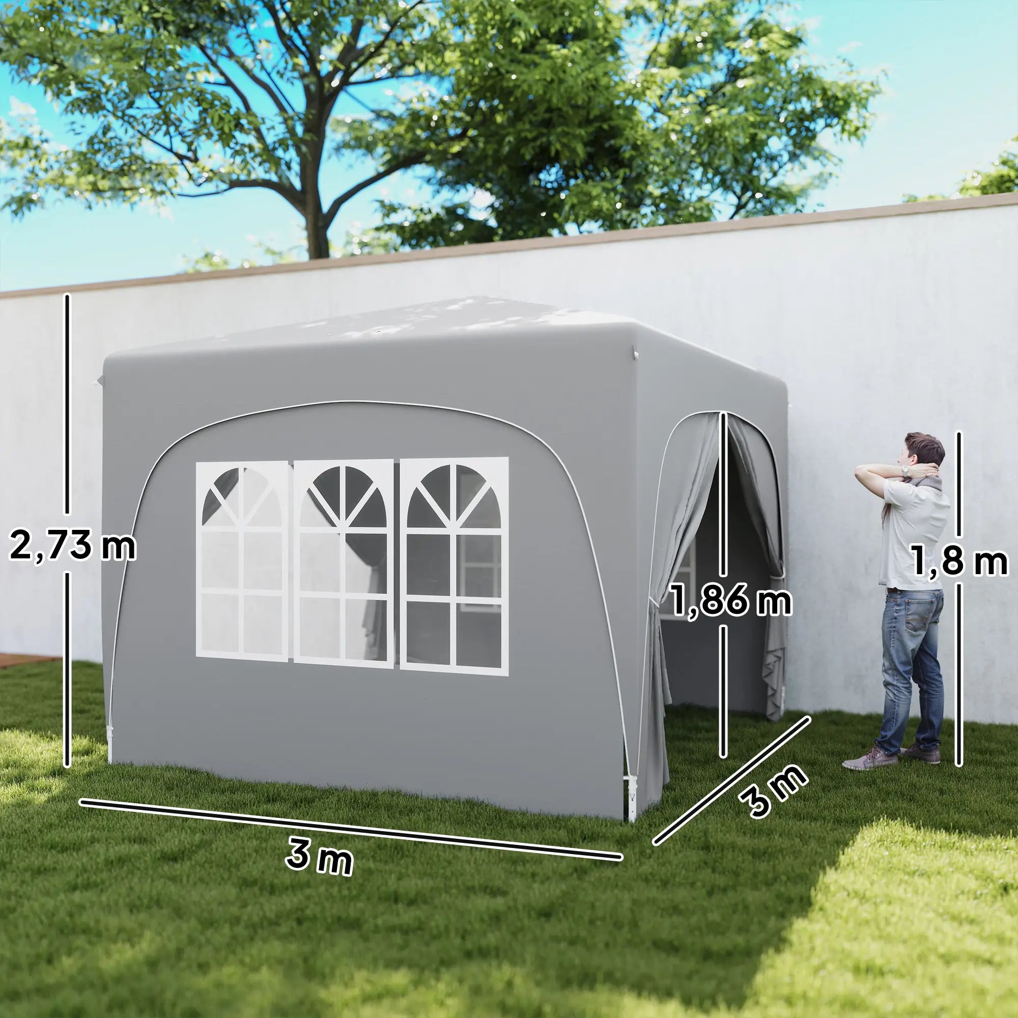 3 x 3 m pop-up paviljonki sivuseinillä, UPF 50+ -aurinkosuoja ja säädettävä korkeus