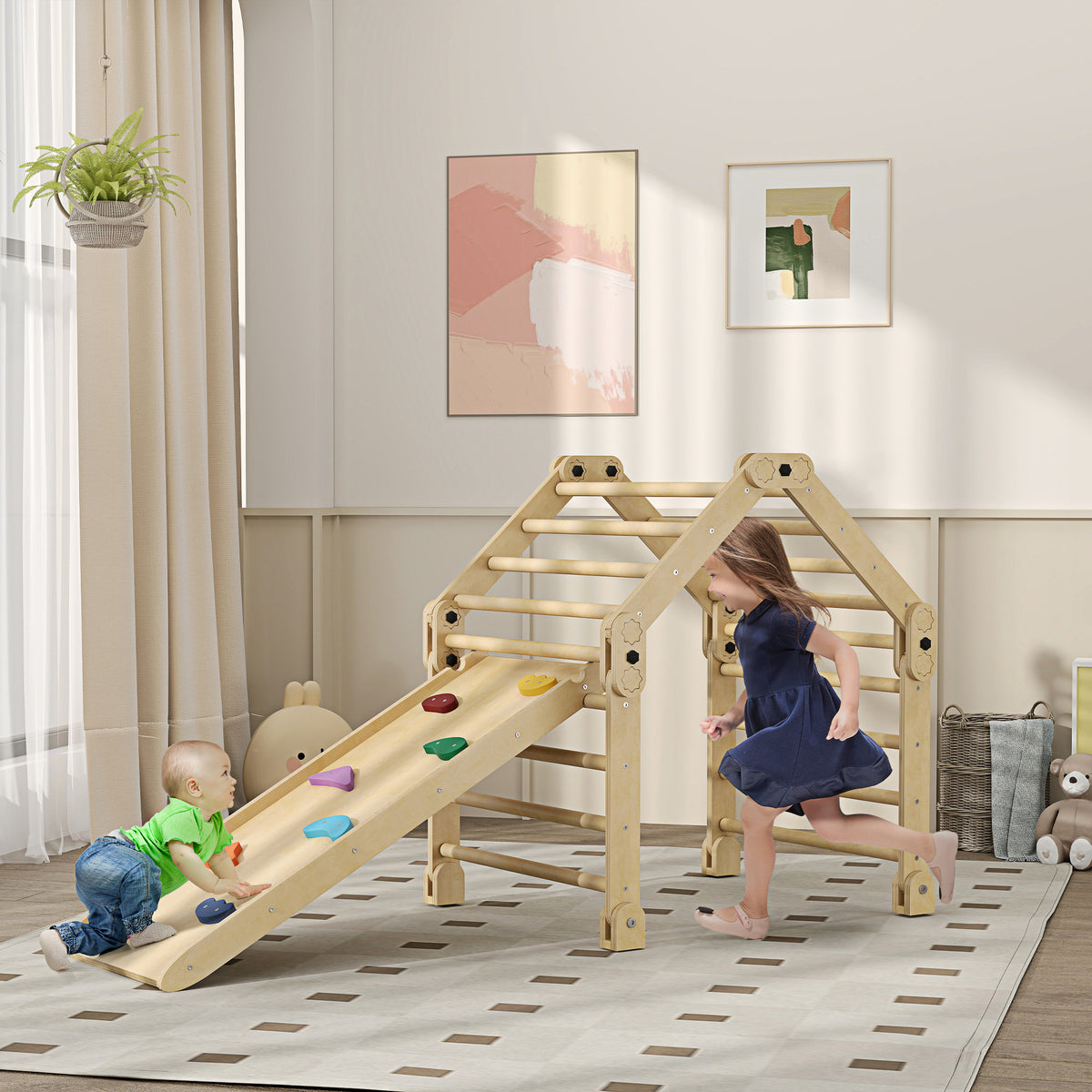 Kiipeilykolmio 3-in-1 tikkailla ja liukumäki/kiipeilyseinällä, puu, 1,5–4 v