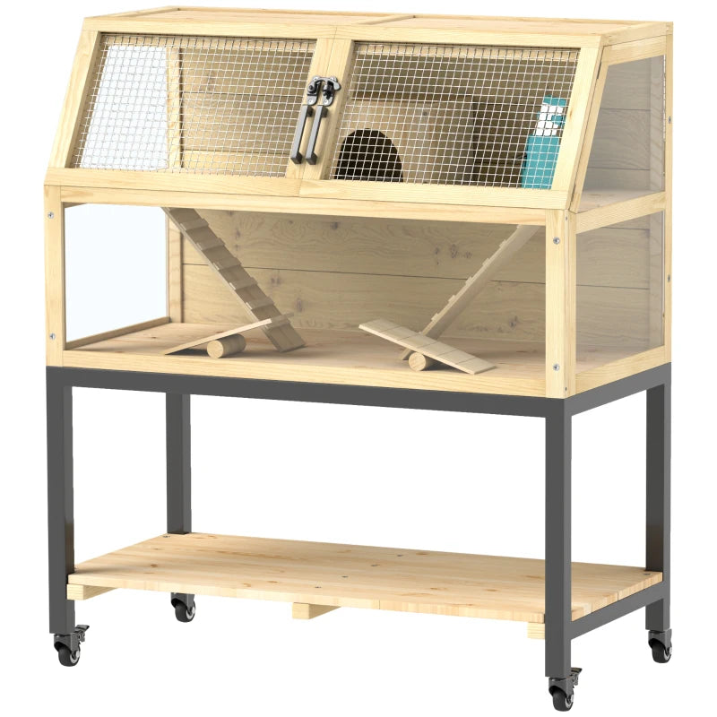 Hamsterbur i trä – tvåvåningsbur för gnagare med hjul och förvaringsutrymme 87 x 43 x 101 cm