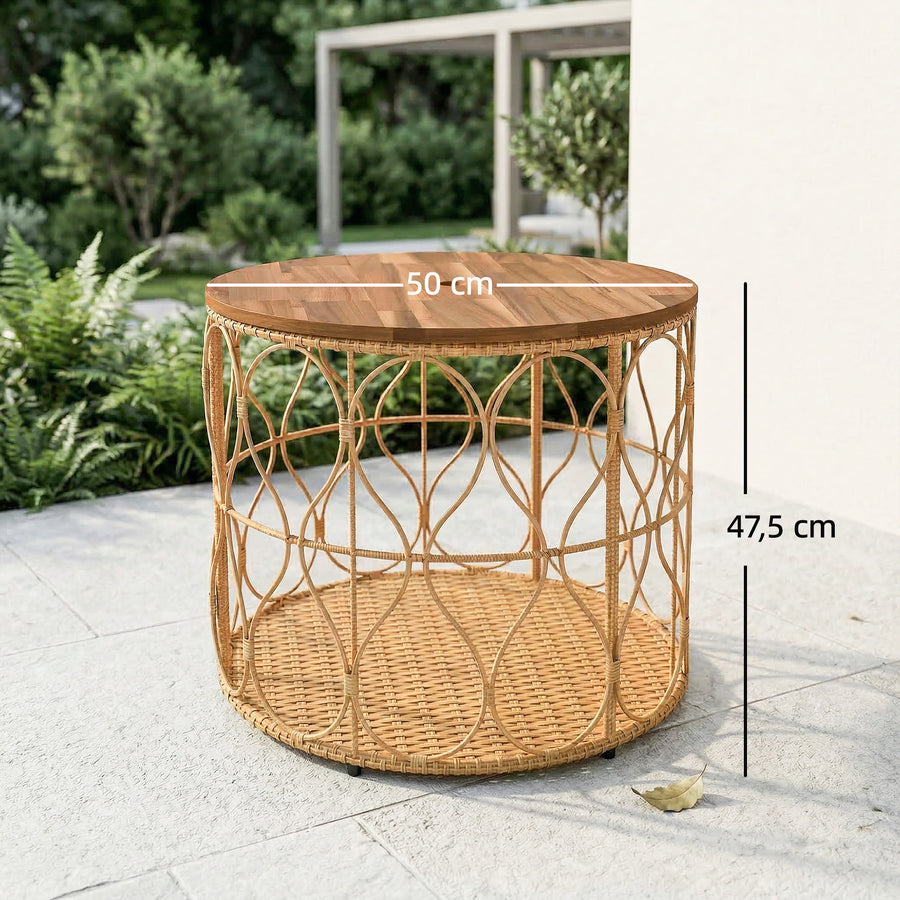 Pyöreä sivupöytä akaasiakannella ja rottinkipunoksella, Ø50 cm, tiikki