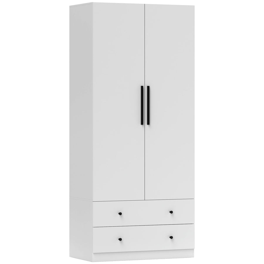 Valkoinen vaatekaappi 2 ovella ja 2 laatikolla, vaatetanko, MDF, 79 x 43 x 180 cm