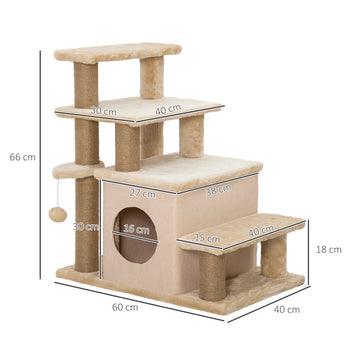 Lemmikin portaat ja raapimapuu 2-in-1, kissanpesä ja leikkipallo, 3 tai 4 askelmaa, 66 cm, beige