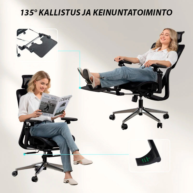 Ergonominen toimistotuoli jalkatuella – säädettävä selkä- ja niskatuki, 6D-käsinojat, hengittävä verkko