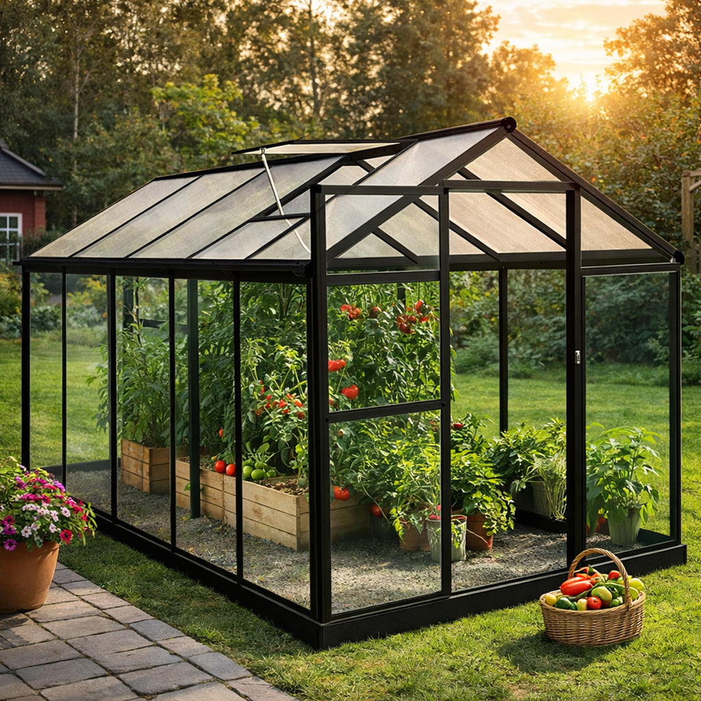 Hybridikasvihuone 5,4 m² – 302 x 190 x 195 cm, polykarbonaattikatto, musta
