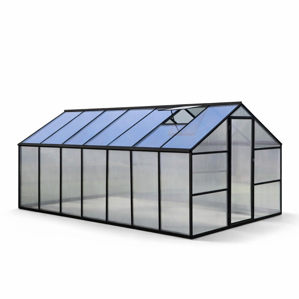 Pohjola Garden Iso Kasvihuone 10m2 + Sokkeli & Rännit, 4mm 800g/M2 Kennolevyt, musta