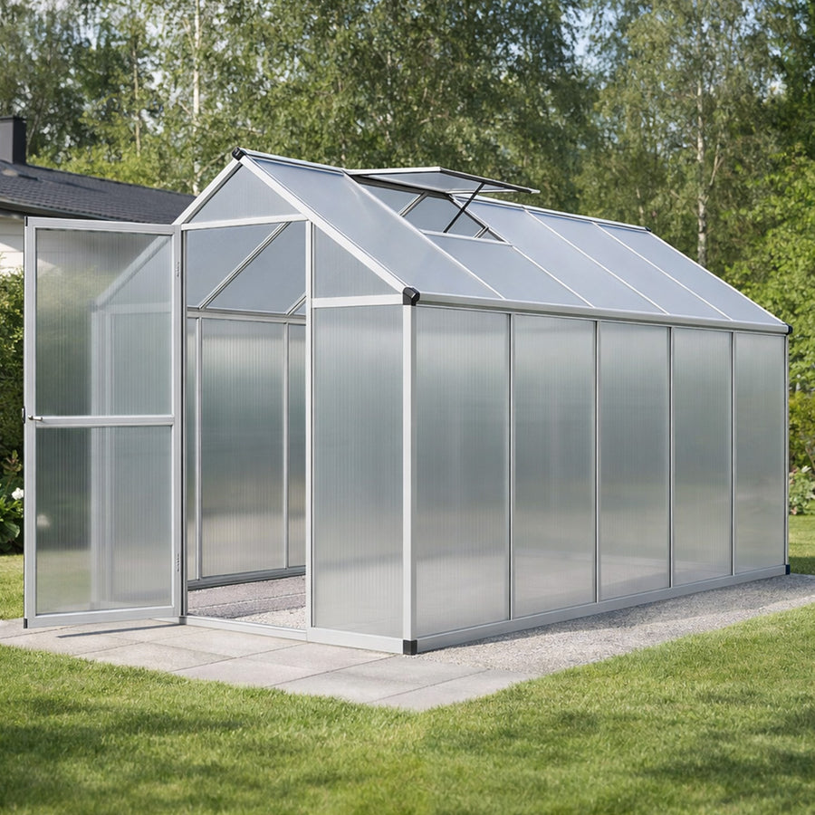 Växthus 5,4 m² – 4 mm cellplåt, aluminiumram, sockel och rännor