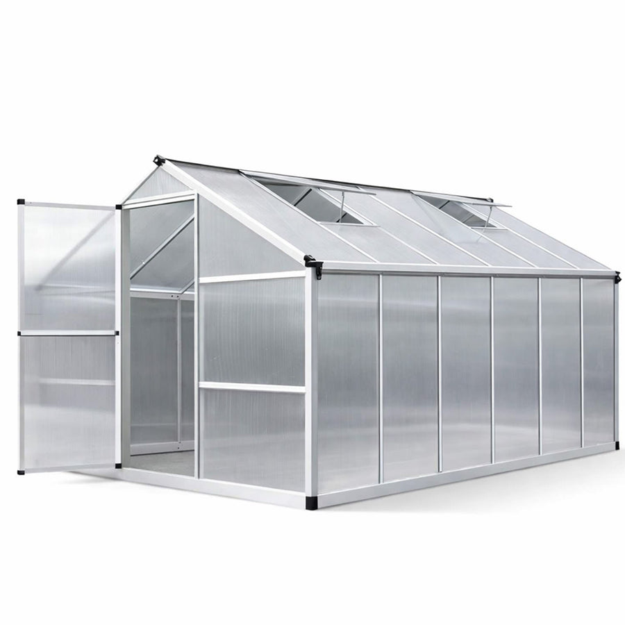 Växthus 8,6 m² – 4 mm cellplåt, aluminiumram, sockel och rännor