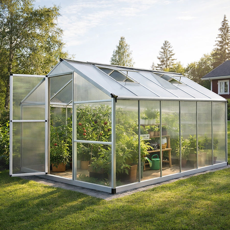 Växthus 8,6 m² – 4 mm cellplåt, aluminiumram, sockel och rännor