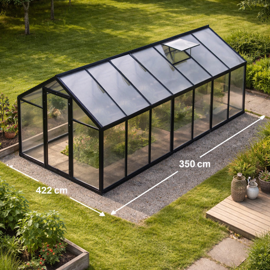 Växthus 10 m² – hybrid, sockel, rännor, 2 öppningsbara fönster