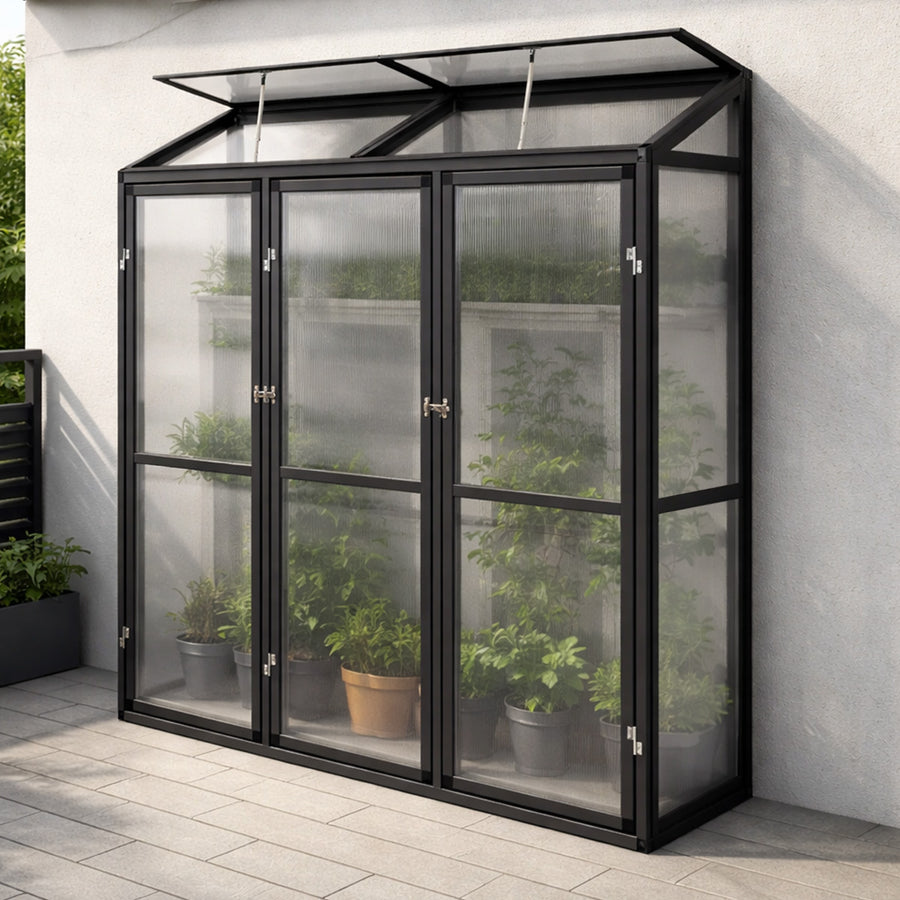 Seinäkasvihuone 180 x 55 cm – 4 mm kennolevyt, alumiinirunko, 2 kattoikkunaa