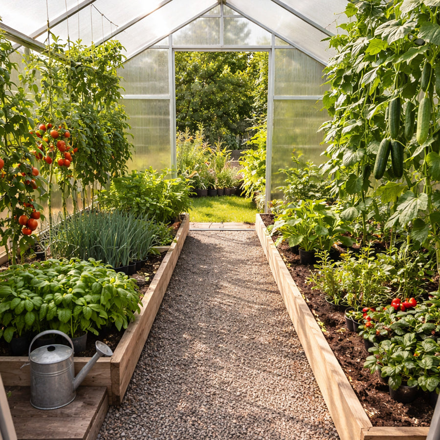 Växthus 8,6 m² – 4 mm cellplåt, aluminiumram, sockel och rännor