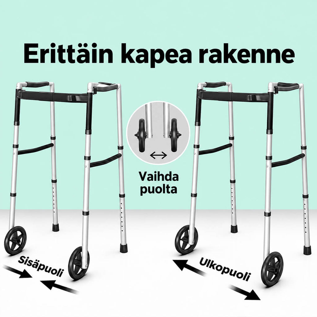 Kävelytuki Pyörillä Varma – säädettävä korkeus 77–95 cm, taitettava, Hopea