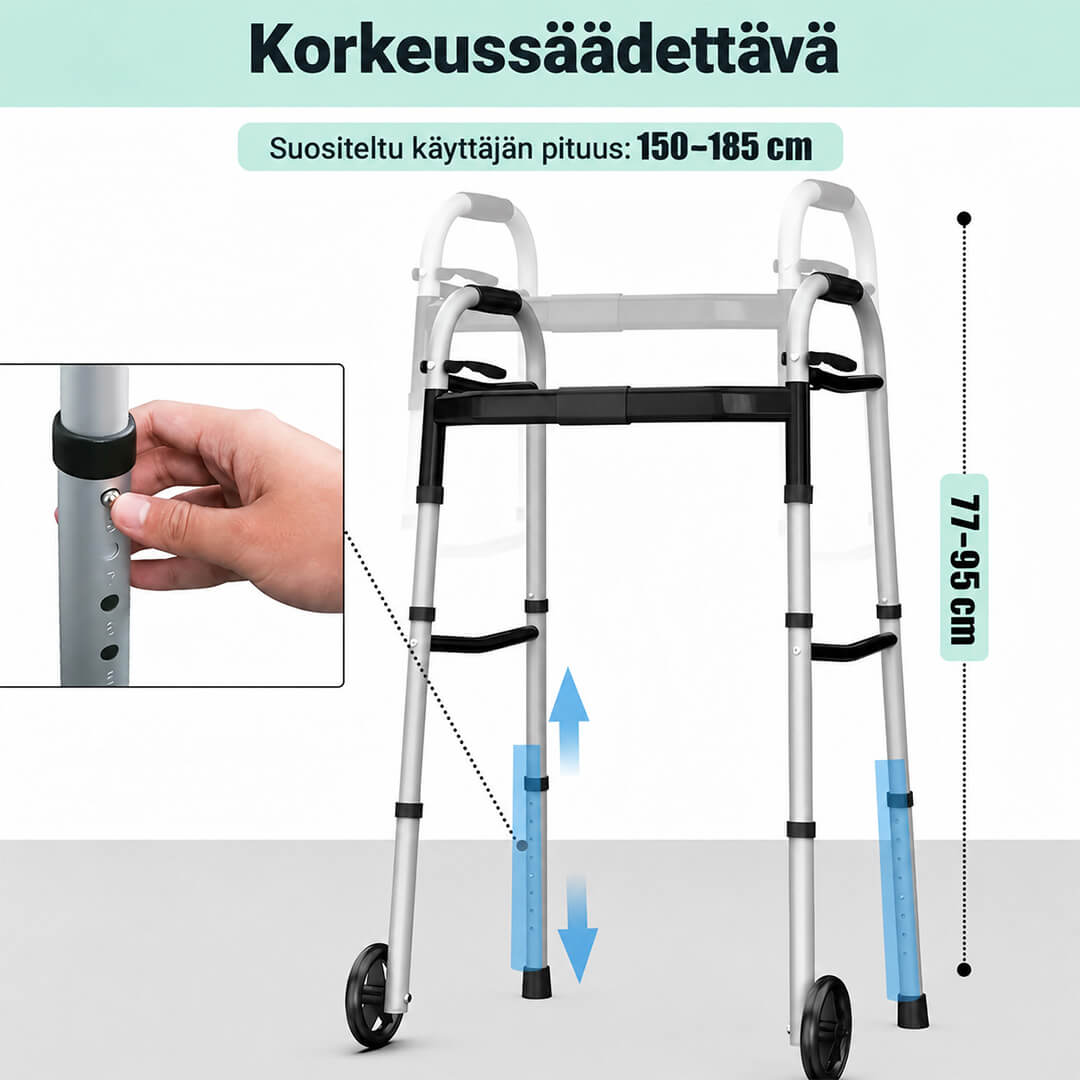 Kävelytuki Pyörillä Varma – säädettävä korkeus 77–95 cm, taitettava, Hopea